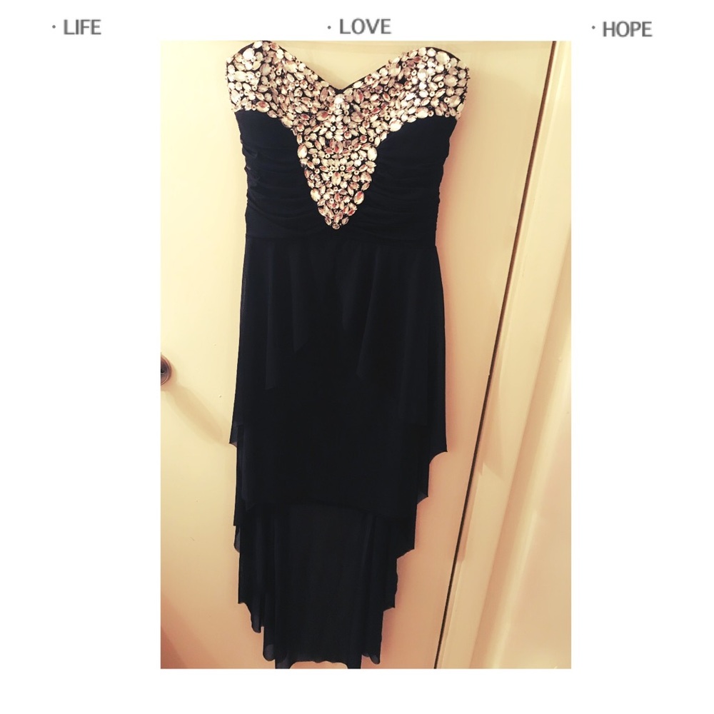 A strapless black dress